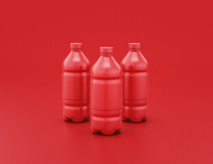 A group of shiny red plastic soda bottles in red background, flat colors, single color, 3d rendering