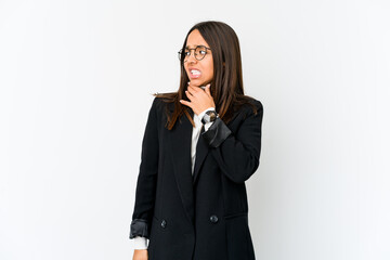 Young mixed race business woman isolated on white background touching back of head, thinking and making a choice.