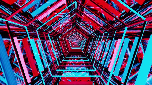 4K video animation of beautiful red and blue color neon lighting pentagon shape tunnel looping motion graphic.