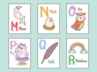 Set of Alphabet flash card design illustration for kids M N O P Q R