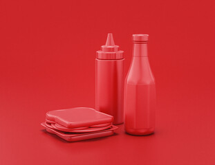 shiny red plastic ketchup bottle and mustard container and sandwich with  in red background, flat colors, single color, 3d rendering
