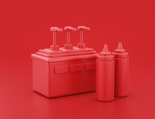 shiny red plastic condiment dispenser in red background, flat colors, single color, 3d rendering