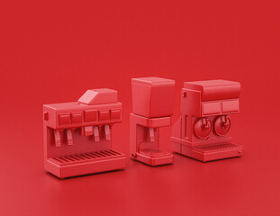 shiny red plastic soda, slurp machines and mixer in red background, flat colors, single color, 3d rendering