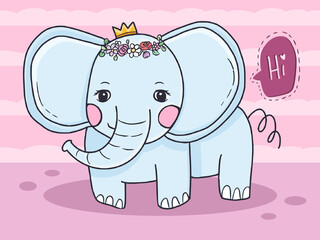 Cute baby elephant say hi cartoon character illustration