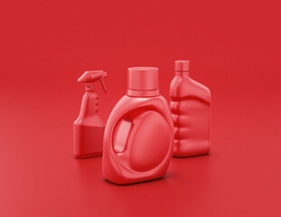 A group of shiny red plastic cleaning supplies containers  in red background, flat colors, single color, 3d rendering