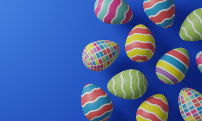 Easter eggs with a colorful bright geometric pattern on a blue background. 3d render illustration.
