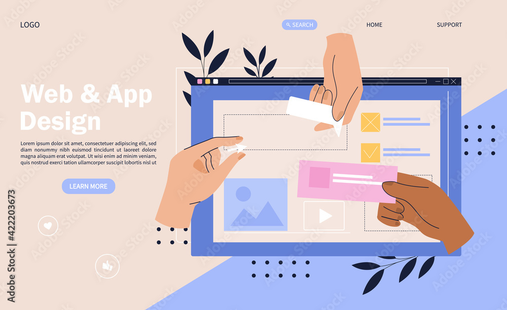 Poster web design concept with hands placing elements onto a digital device screen