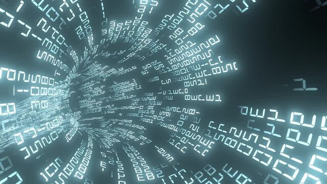 A fast stream of infinitely looped numbers and symbols. Futuristic transmission of data and information in the network space.