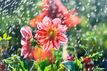 Bright beautiful garden flowers are watered in summer on a sunny day.