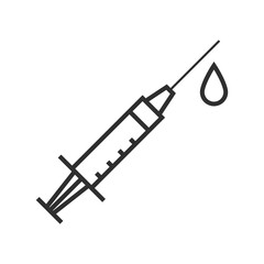 Syringe and drug liquid drop icon in thin outline.