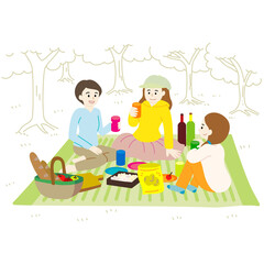 新緑の森の中で、若い女性三人がおしゃべりしているピクニックのイラスト