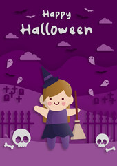 Happy Halloween party in paper art style with child wearing a witch costume. greeting card, posters and wallpaper. Vector illustration.