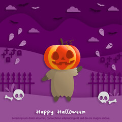 Happy Halloween party in paper art style with child wearing a pumpkin costume. greeting card, posters and wallpaper. Vector illustration.