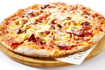 Italian Pizza - Traditional Pepperoni Pizza on Wooden Dish made with Sausage Slice, Tomato Sauce and Cheese. Isolated on White Background.