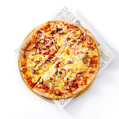 Italian Pizza - Traditional Pepperoni Pizza on Wooden Dish made with Sausage Slice, Tomato Sauce and Cheese. Isolated on White Background.