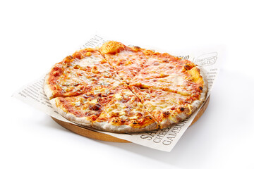 Italian Pizza - Traditional Four Cheese Pizza or Quattro Formaggio Pizza. Four Cheese: Mozzarella, Parmesan, Brie and Ricotta. Isolated on White Background.