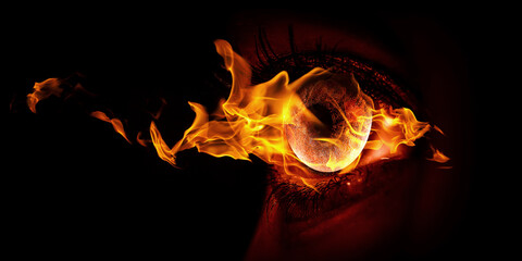 Macro image of human eye with fire flames