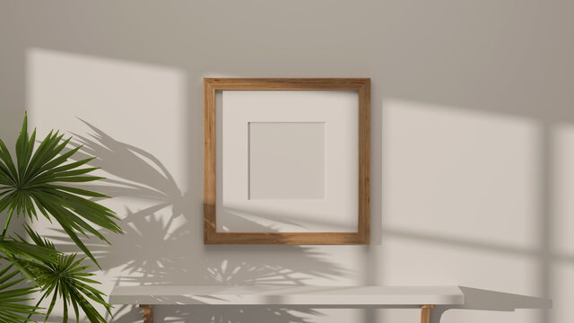 3D rendering, interior home design with mock-up frame on white wall, white desk and houseplant