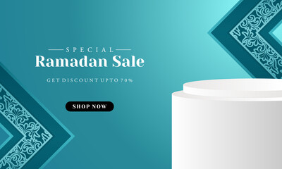 Sales promotion banner for ramadan sale with circle pedestal, plinth, pillar or display stage.