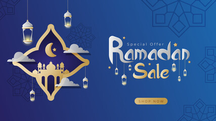 Ramadan sale banner landing page with blue background