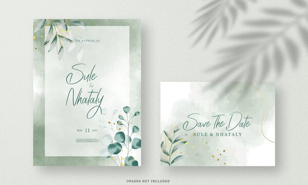 The Green Wedding Invitation Card With Flower Watercolor