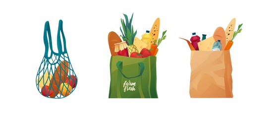 Recyclable eco shopping bags and cotton mesh with food. Shoppers made of  paper, fabric. Zero waste concept.