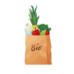 Recyclable eco paper shopping bag with food. Bread, carrot, cheese, juice. Zero waste concept.  Vector cartoon illustration.