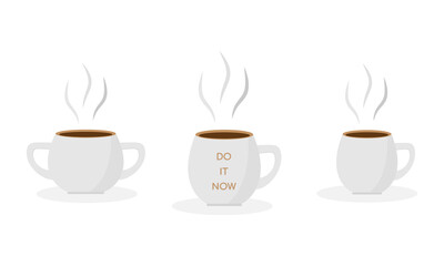A set of mugs with hot delicious coffee. Aromatic coffee with smoke. Flat vector illustration