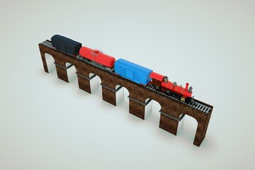 Model of a train with cars on the railway. 3D model of a freight train on a platform. Train on the bridge. Isolated objects on a white background.