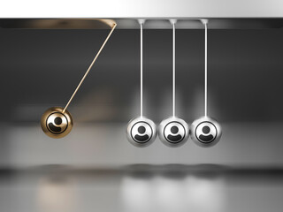 shiny newton cradle on black background, Organization structure, team building, recruitment, business management and human resources concepts. 3d rendering 