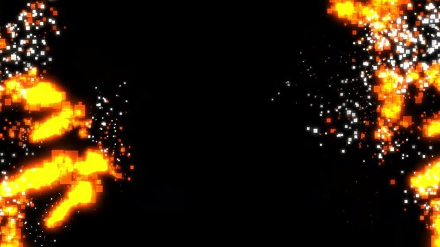 Pixel Sparks exploding bursting on black background, from both sides of the frame, 2D pixel style animation.