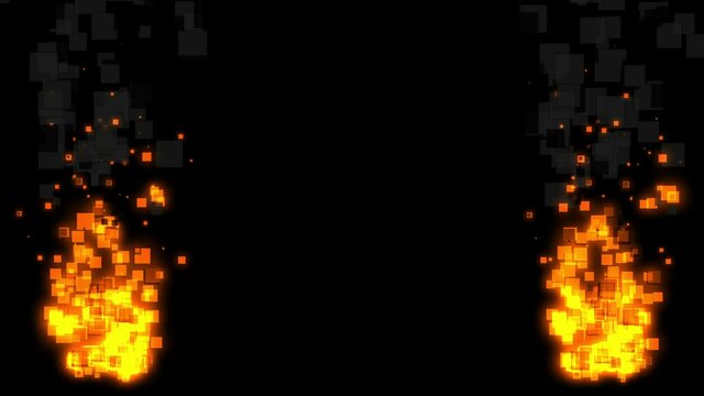 Small pixel fires with grey smoke burning on both sides of the frame on black background, 2D pixel style animation.