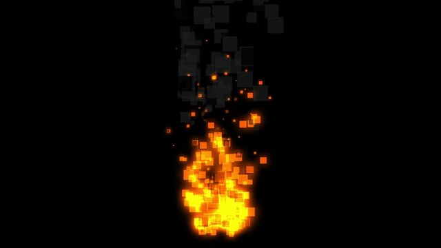 Small pixel fire with grey smoke burning on black background, 2D pixel style animation.