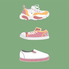 Set with three sport hoes in vector illustration. Poster, card, design. Boots. Activity clothes and accessories. Walking, running, hiking. 