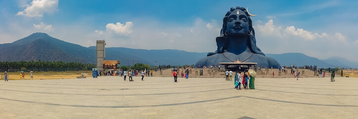 COIMBATORE , INDIA - March 20, 2021: Panorama of Adiyogi Shiva Statue - People Are Visiting And...