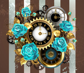 Striped background with clock and turquoise roses