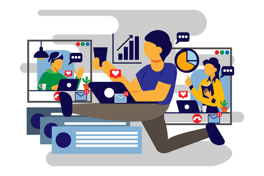 work from home flat illustration for banner video conference sitting with laptop