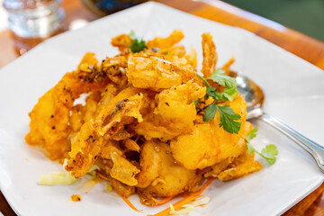 Close up shot of Thai style deep fried shrimp