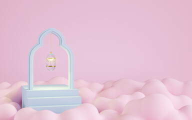 Glass lanterns on a pink cloud , pink background, 3D illustration