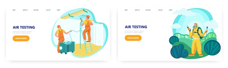 Air testing landing page design, website banner vector template set. Air quality testing inside the room and outside.