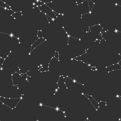Pattern with Constellations in vector illustration. Isolated. Aquarius, Capricorn, Sagittarius, Scorpio, Libra, Virgo, Leo, Cancer, Gemini, Taurus, Aries, Pisces. Astrology, destination, fate.