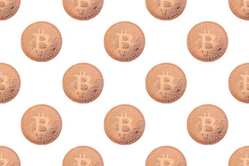 Seamless pattern of gold coin bitcoin on a white background close-up. Physical bit coins background.