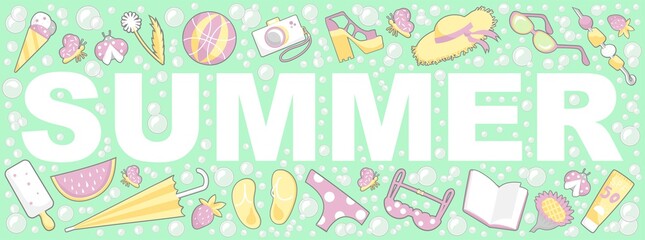 Set with summer attributes: ball, ice cream, butterfly, umbrella, hat, spf 50 cream, book, swimsuit, watermelon, strawberry, photograph, shoes, sandals, glasses, kebab, ladybug. Vector illustration.