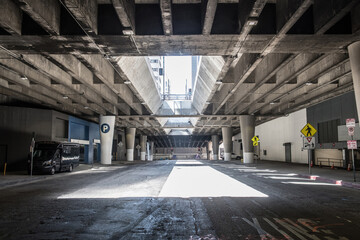 Underground path road street with cars in Los Angeles Downtown