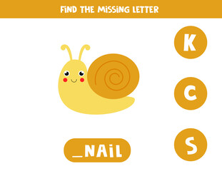 Find missing letter with cute snail. Spelling worksheet.