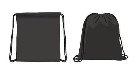 black drawstring bag, laundry backpack sketch illustration