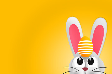 Cute Easter bunny with Easter egg on his head. Copy space. Colorful illustration 