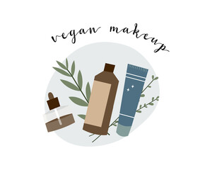 Natural skin care. Organic cruelty-free cosmetics. Vegan makeup. Herbal beauty products for face and body care. Vector flat cartoon illustration