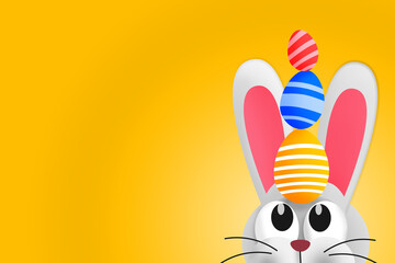 Cute Easter bunny with Easter eggs on his head. Copy space. Colorful illustration 