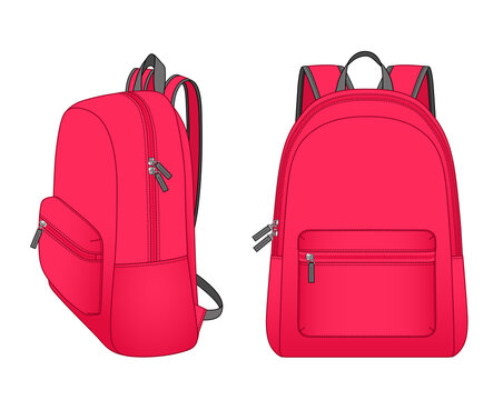 Backpack With Zipper Pocket, Pink Schoolbag Vector Illustration Sketch Template